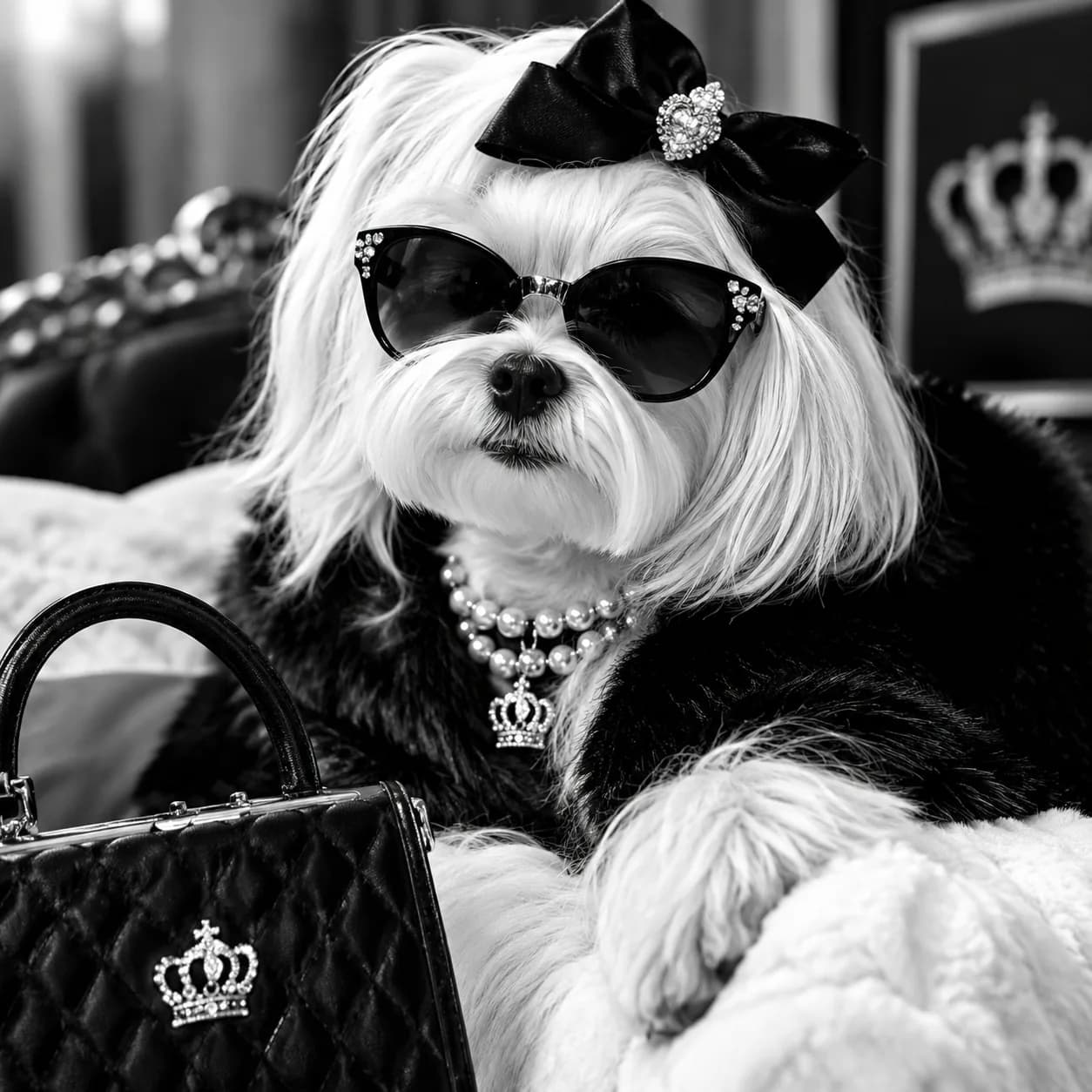 Portrait d'un petit chien blanc au poil long, brossé et soigné.